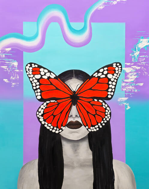 "See Me" 30x40 inch Acrylic Painting art print of a woman with an orange monarch butterfly over her eyes, with a gradient purple and blue background