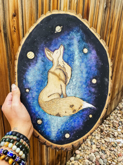 fox in a galaxy wood burned and paint