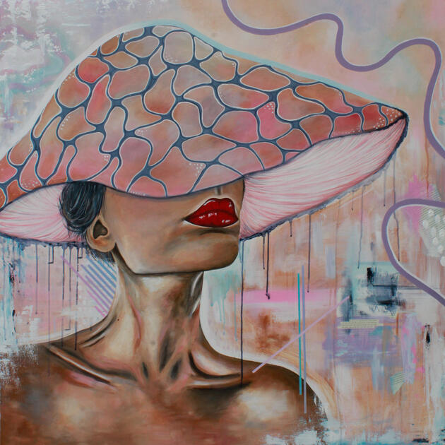 acrylic 4x4 foot painting of a woman wearing a mushroom hat
