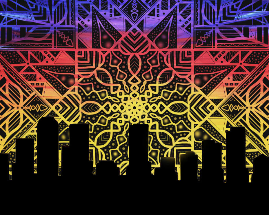 digital design of denver's skyline in a silhouette with a mandala sunset design in the background using adobe photoshop